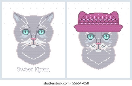 Vector illustrations of cat in a knitted hat. Set of cute posters with animal. Can be used in embroidery, knitting or in the printing industry, textiles.