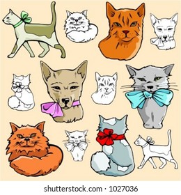 Ilustraciones vectoriales de gatos en color y representaciones en blanco y negro.