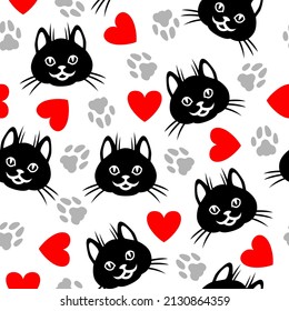 Vector illustrations of cats muzzle, hearts and footprints pattern seamless