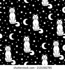 Vector illustrations of cats, stars, moons pattern seamless