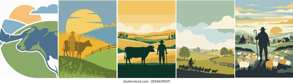 Vector illustrations of a cattle rancher and shepherd tending livestock on a scenic farm