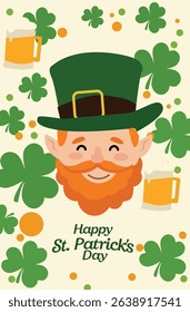 vector illustrations celebrating St. Patrick's Day. Features leprechauns, shamrocks, pots of gold, rainbows. Ideal for cards, social media posts, or festive decorations.