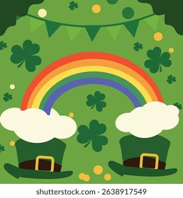 vector illustrations celebrating St. Patrick's Day. Features leprechauns, shamrocks, pots of gold, rainbows. Ideal for cards, social media posts, or festive decorations.