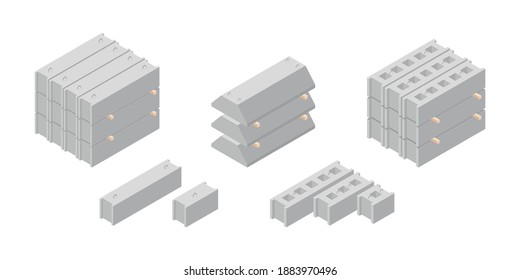 Vector Illustrations Cement Blocks Isolated On A White Background. Concrete Foundation Block Icon In Isometric View. Precast Concrete Block In Flat Style. Building Materials For Construction Purposes.