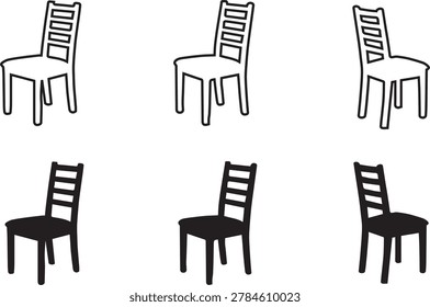 Vector illustrations of chairs in both outline and filled silhouette styles, featuring ladder back designs. Minimalist black icons arranged in a clean set, ideal for furniture branding, interior design graphics, lifestyle visuals, and commercial design projects. Perfect for 2026 trends in home decor, social media content, and modern minimalist aesthetics.