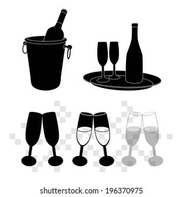 vector illustrations of champagne bottle in bucket and glasses of champagne