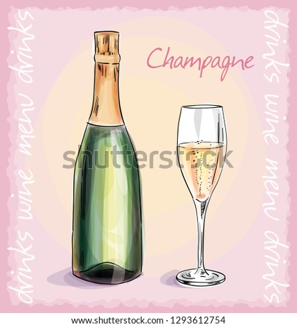 Vector illustrations of champagne in hand drawing technique