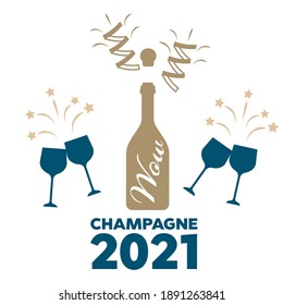 vector illustrations of champagne icons. Bottle of Champagne explosion vintage