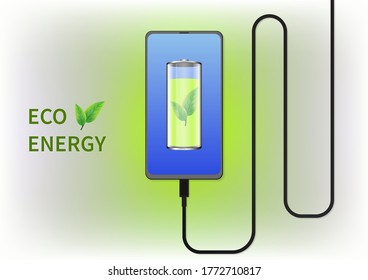 Vector illustrations of Charging phone with eco battery on screen.