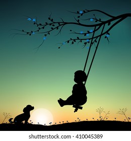 Vector illustrations, child playing the swings