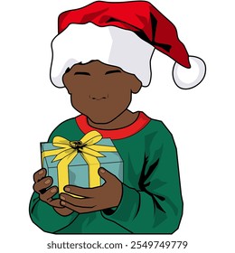 Vector illustrations children with santa claus hat outfit. Cartoon kids holding gift for christmas. Art design young man wearing green costume with box in his hand for winter. 