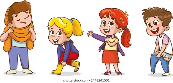  vector illustrations of children wearing clothes .children changing dresses and trousers.