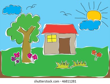 Vector illustrations of child's drawing of a house in a nice natural environment