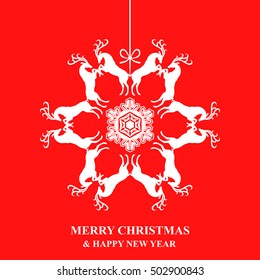 Vector illustrations of Christmas bauble of deer with snowflake on red background