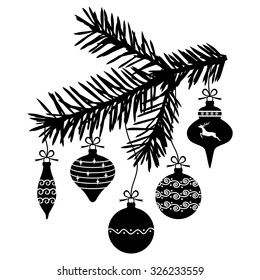 Vector illustrations of Christmas baubles hanging on a fir branch