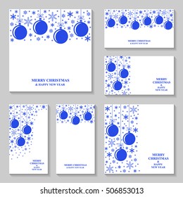 Vector illustrations of Christmas blue snowflakes and ball card and banner set