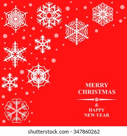 Vector illustrations of Christmas card with beautiful decorative snowflakes on red background