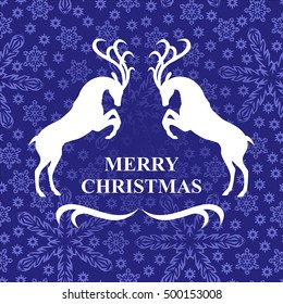 Vector illustrations of Christmas card decorated with a pair of deer on snowflakes background
