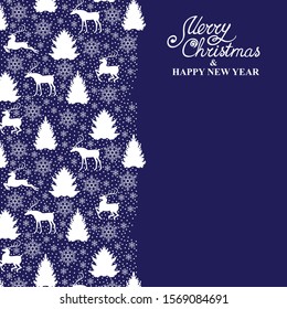 Vector illustrations of Christmas card with deer, fir, pine and snowflakes on blue background