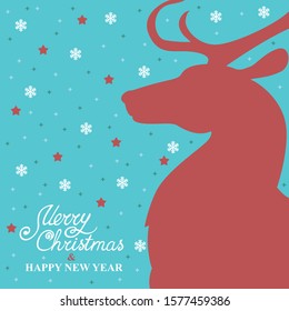 Vector illustrations of Christmas card with deer portrait with snowflakes