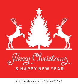 Vector illustrations of Christmas card with deer, fir and greeting text on red background
