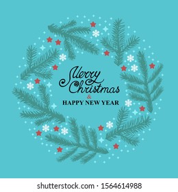 Vector illustrations of Christmas card with fir branches, stars and snowflakes