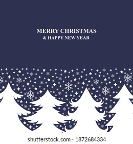 Vector illustrations of Christmas card with fir trees and snowflakes on blue background