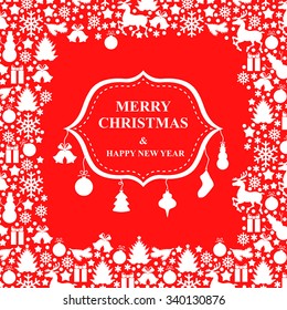 Vector illustrations of Christmas card with greeting sign surrounded baubles 