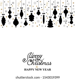 Vector illustrations of Christmas card with hanging decorations with confetti