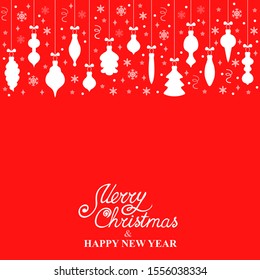 Vector illustrations of Christmas card with hanging decorations with confetti on red background