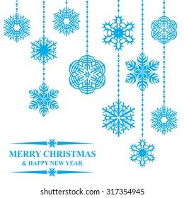 Vector illustrations of Christmas card with hanging blue snowflakes on white background