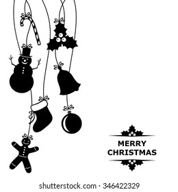 Vector illustrations of Christmas card with hanging baubles