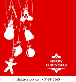 Vector illustrations of Christmas card with hanging baubles on red background