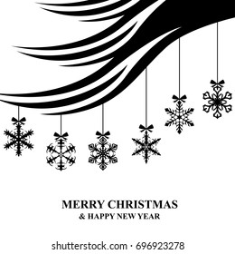 Vector illustrations of Christmas card with hanging on fir decorative  snowflakes baubles