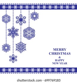 Vector illustrations of Christmas card with hanging decorative  snowflakes baubles and ornament
