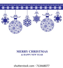 Vector illustrations of Christmas card with hanging decorative baubles and ornament