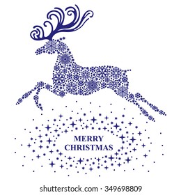 Vector illustrations of Christmas card with reindeer silhouette consisting of blue snowflakes