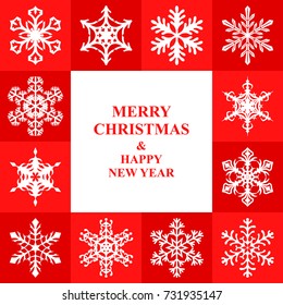 Vector illustrations of Christmas card with snowflakes frame on red background