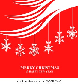 Vector illustrations of Christmas card with snowflakes baubles on red background