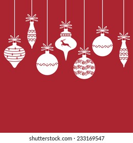 Vector illustrations of Christmas card with white silhouettes decorative baubles hanging on ribbons with bows on red background