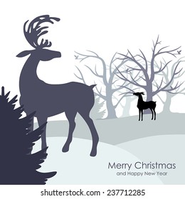 Vector illustrations of  Christmas congratulatory background with winter forest and deer