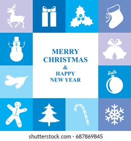 Vector illustrations of Christmas congratulatory card with symbol border on blue background