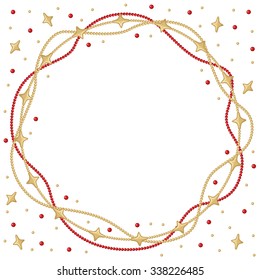 Vector illustrations of Christmas congratulatory round frame with garlands of gold and red beads