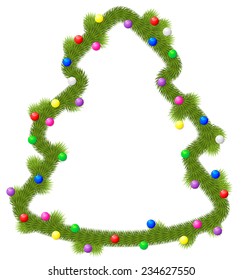 Vector illustrations of  Christmas frame for congratulations on Christmas and New Year in form of Christmas tree, framed by fir garland decorated balls isolated