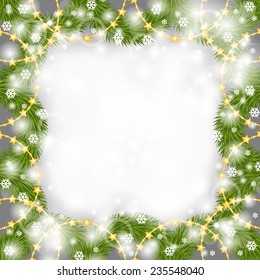 Vector illustrations of  Christmas frame for congratulations of fir branch decorated gold beads garland