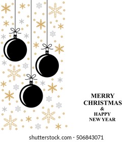 Vector illustrations of Christmas gold, silver snowflakes and ball card on white background vertical design