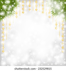 Vector illustrations of Christmas greeting background with fir branch and gold beads garlands and beads in form star