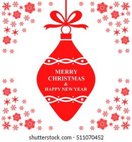 Vector illustrations of Christmas greeting bauble and snowflakes on red background