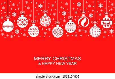 Vector illustrations of Christmas greeting card with balls hanging among confetti on red background