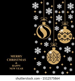 Vector illustrations of Christmas greeting card with snowflakes and confetti on black background